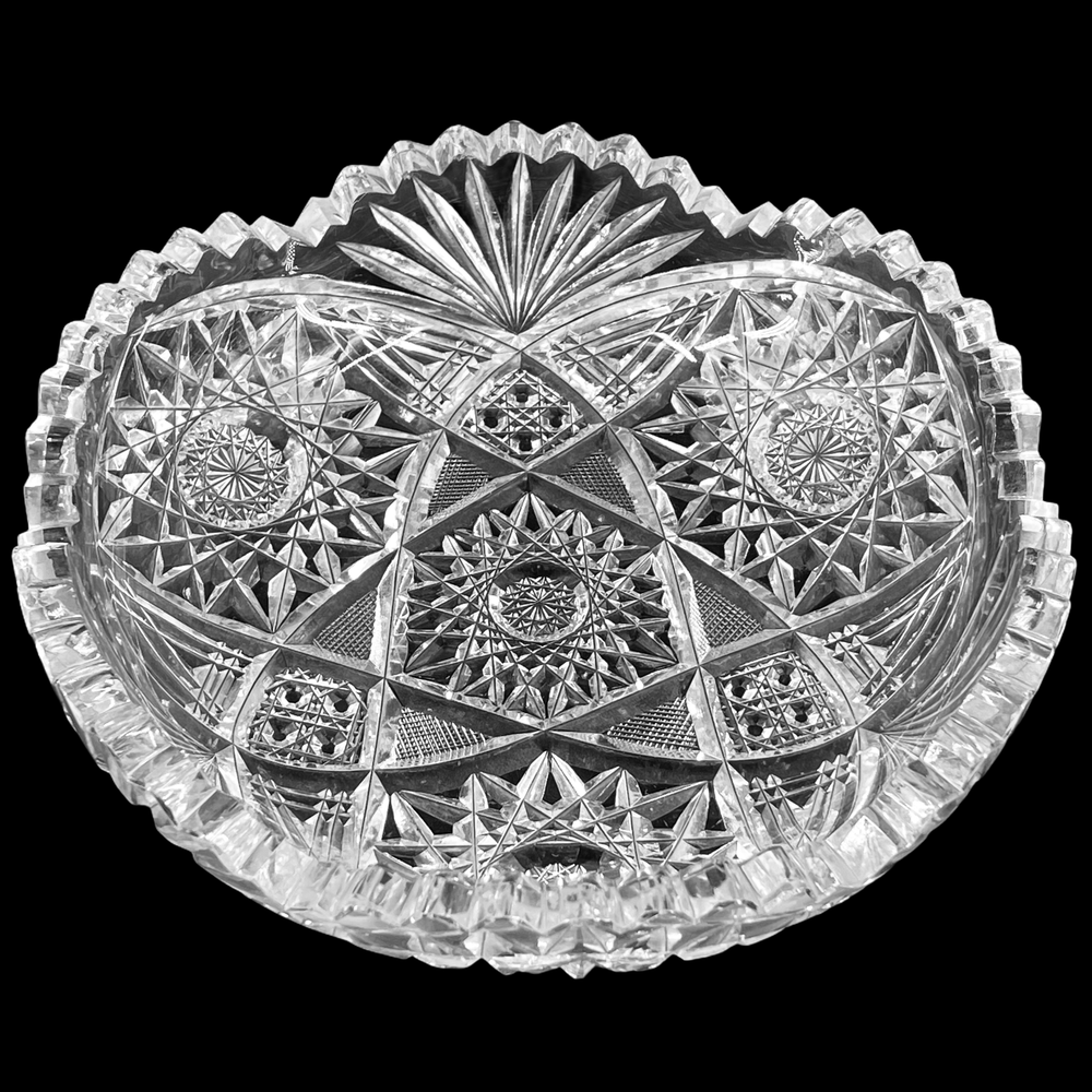 Antique ABP American Brilliant Period Cut Glass Bowl Fan Button Hobstar 1890's