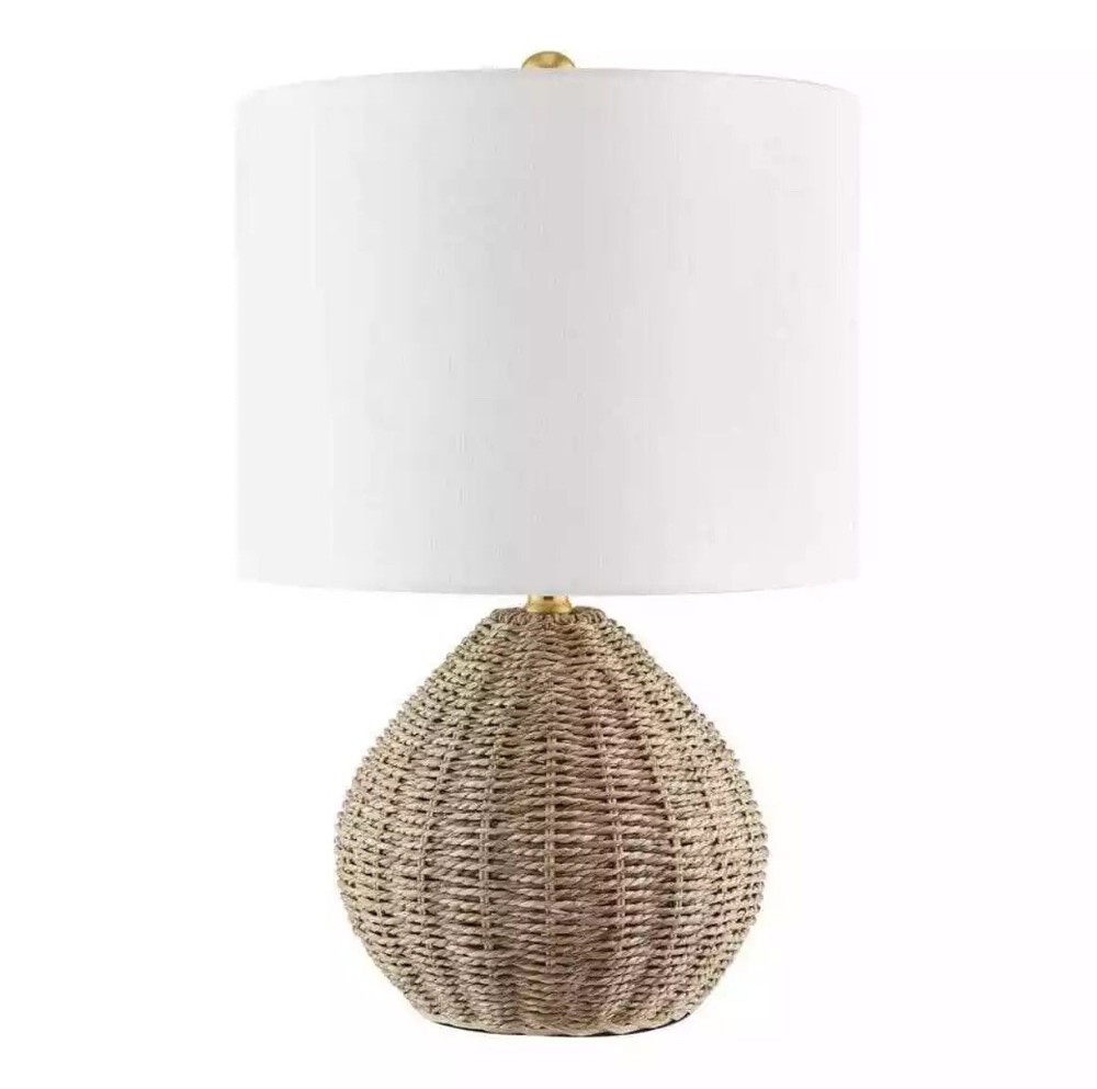 Hampton Bay Glenwood 20 in. Round Brown/Brass Gold Rattan Woven Table Lamp