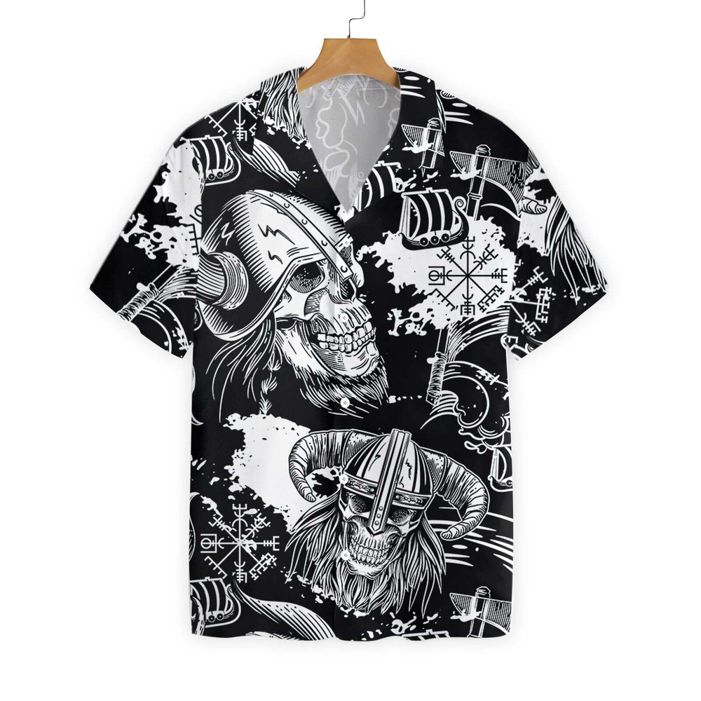Seamless Pattern Skull In Viking Helmets Hawaiian Shirt For Retro Style Enthusiasts And Unique Fashion Lovers