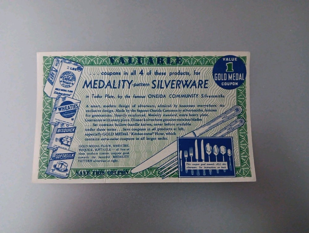 Vintage 1938 Gold Medal Coupon Ephemera for Medality Silverware Wheaties Bisquick-image