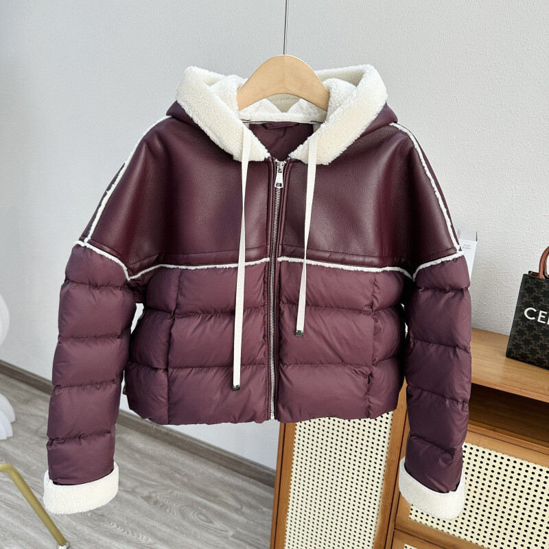 Women's Short Loose Warm Hooded Jacket with Faux Fur Trim