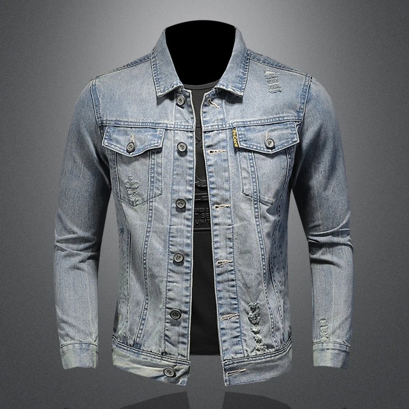 Men's Fashion Distressed Denim Jacket Retro Washed Casual Slim Fit Outerwear