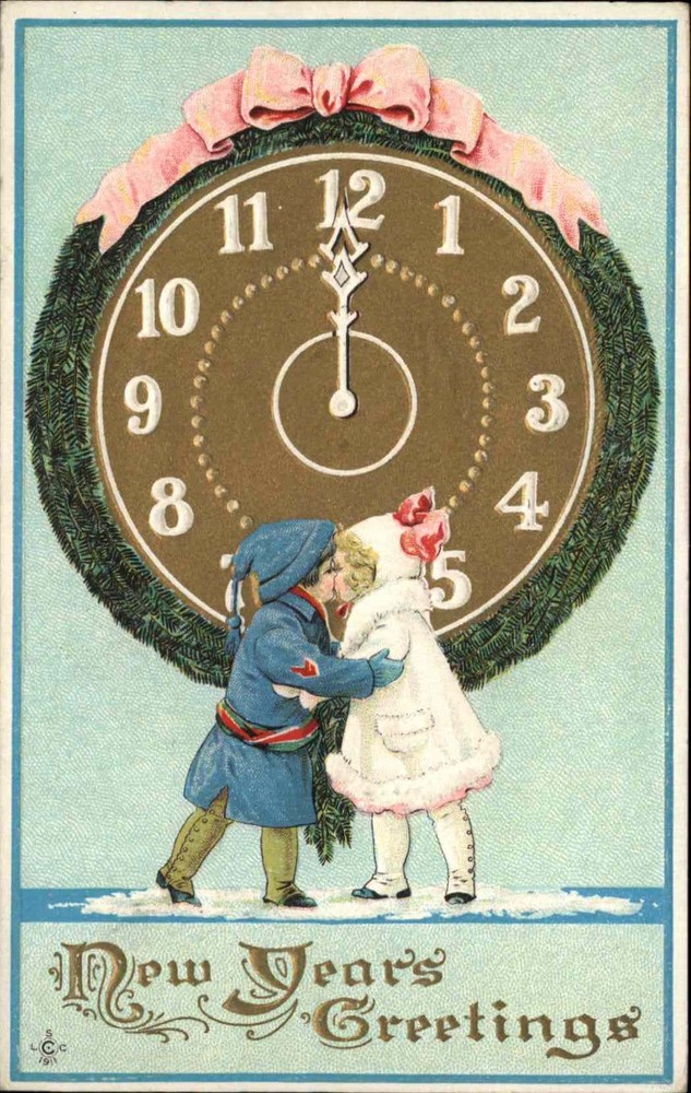 New Years Kiss Clock Strikes Midnight Embossed Gilt c1900-20s Vintage Postcard-image