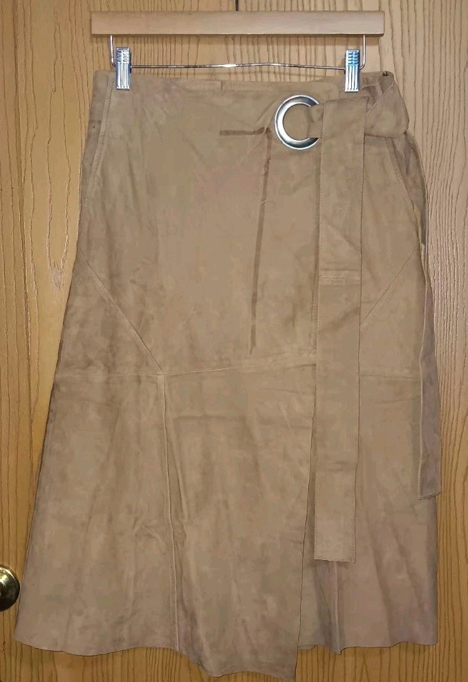 29 Porter Rd Goat Leather Midi Skirt Wrap Womens Size Medium Brown Tie...