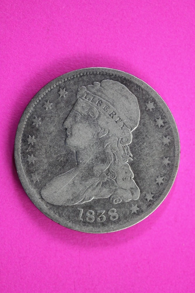 Moneda exacta de medio dólar busto tapado 1838 en fotos plata rara fecha semi clave 35