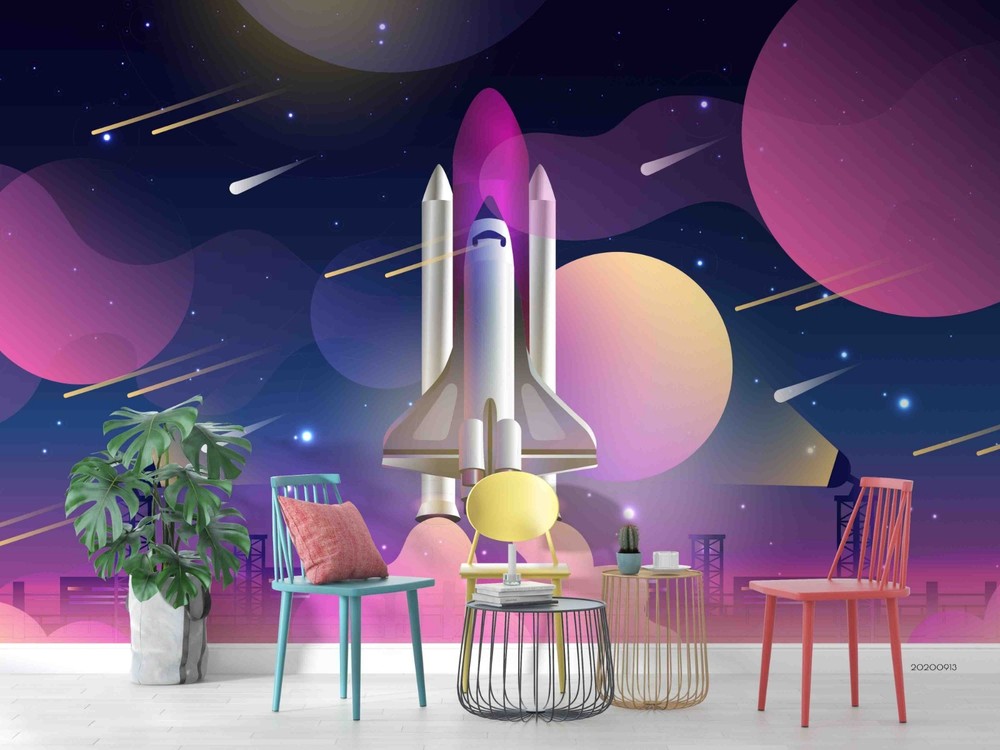 3D Space Rocket Planet Illustration Wall Murals Wallpaper Murals Wall Sticker