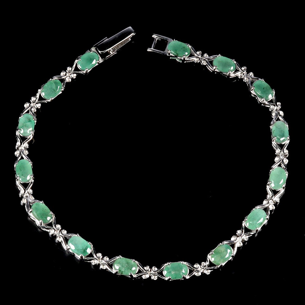 925 Sterling Silver Bracelet with 6x4mm Oval Natural Emerald Gemstone 7.5 Inch