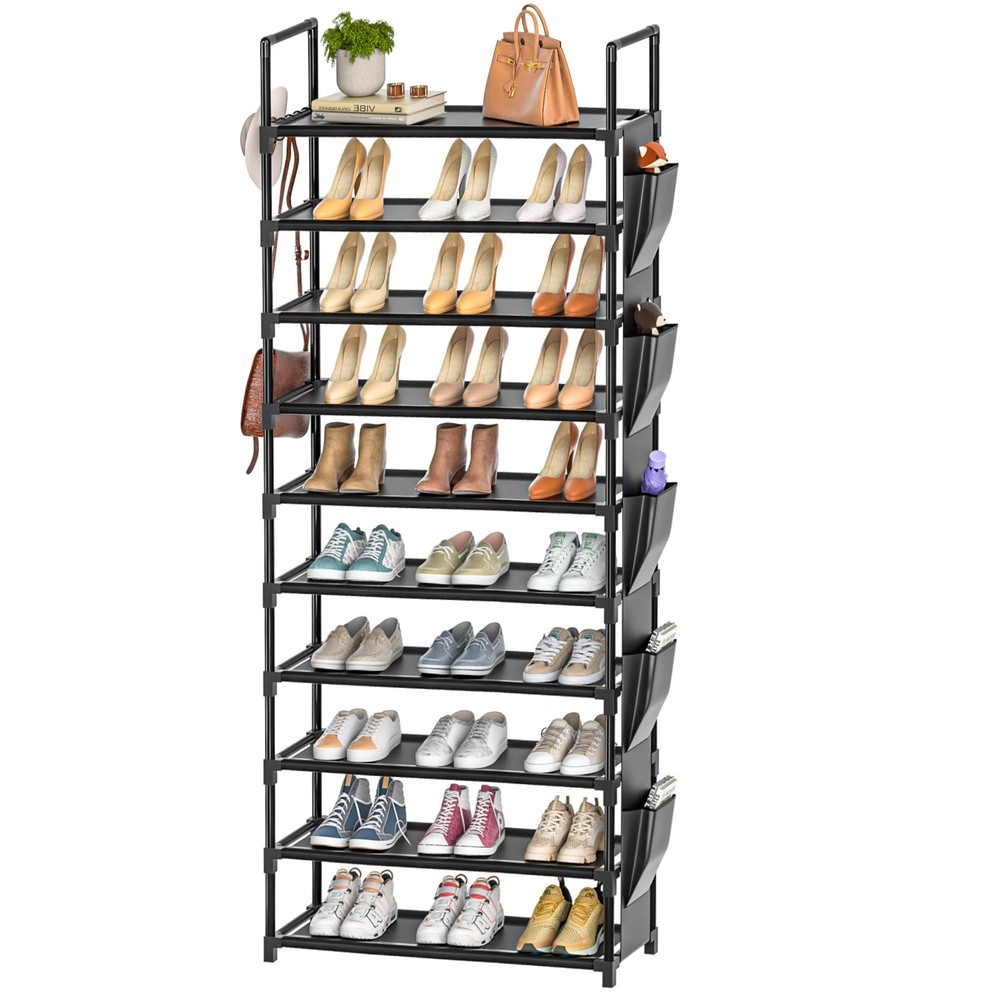 10-Tier Tall Shoe Rack with Metal Shelves, Hooks & Storage Pockets