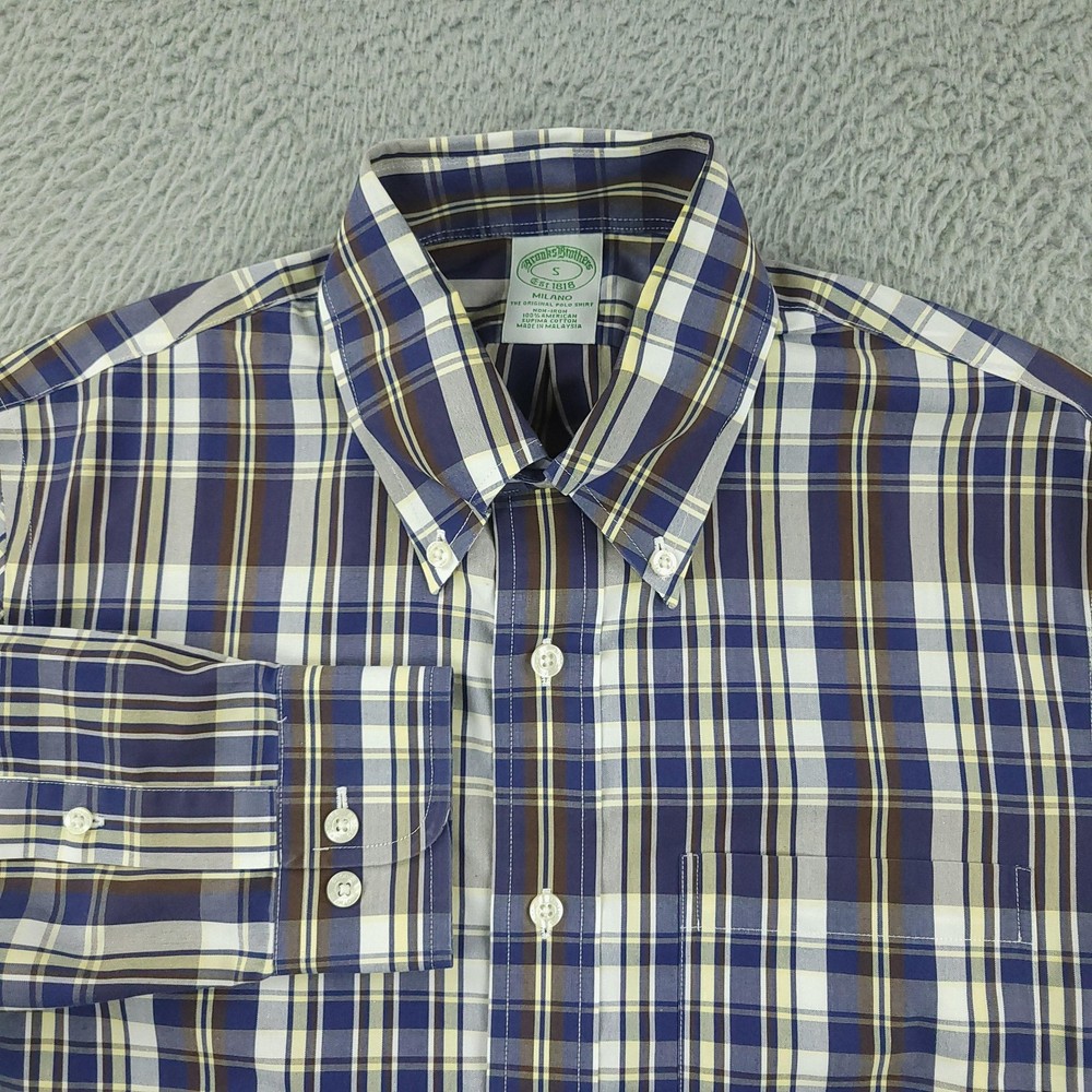 Brooks Brothers Dress Shirt Mens Small Milano Blue Plaid Slim Non Iron Supima