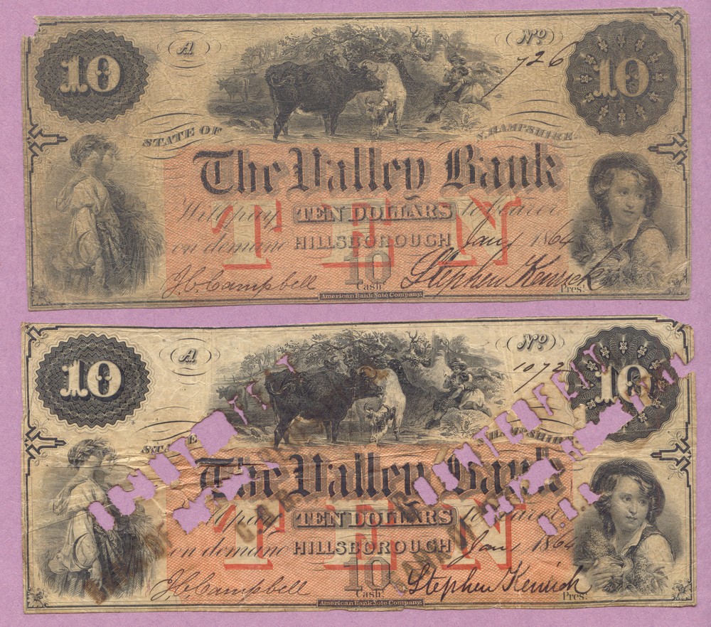 (2) 1864 Hillsborough New Hampshire, NH Ten Dollars Obsolete, $10, Valley Bank