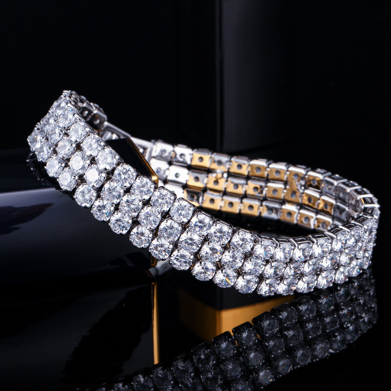 CWWZircons 3 Row Round Cubic Zirconia Silver Plated Big Wide Bridal Bracelets