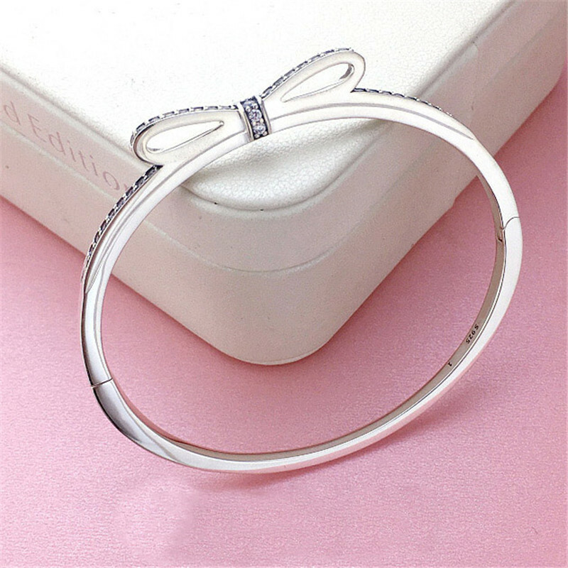 100% Authentic 925 Sterling Silver Bow CZ Bangle Bracelet
