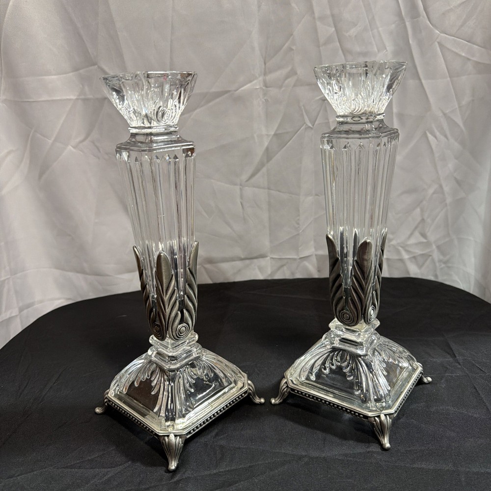 Vintage Crystal Candlestick Set Metal Accents MCM Art Deco
