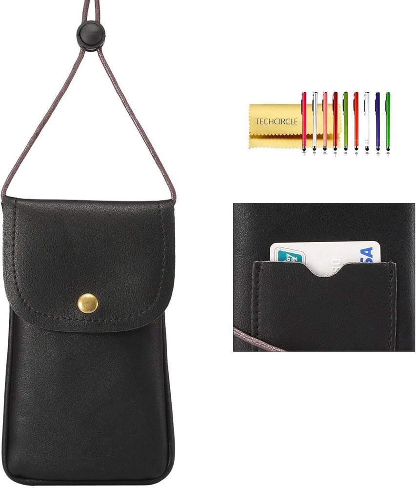 PU Leather Cell Phone Neck Pouch with Credit Card Slot - Black