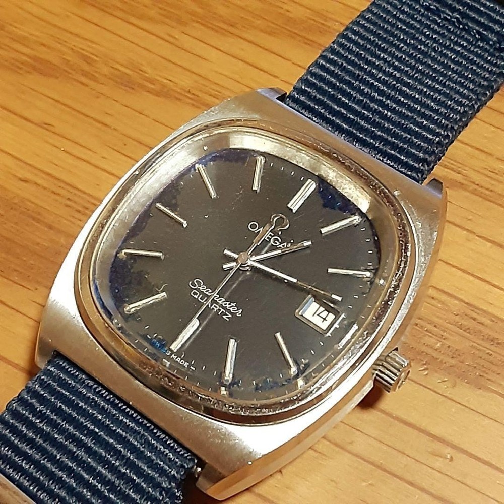 OMEGA Seamaster Date Mens Vintage Swiss Quartz Watch Silver Navy 38mm