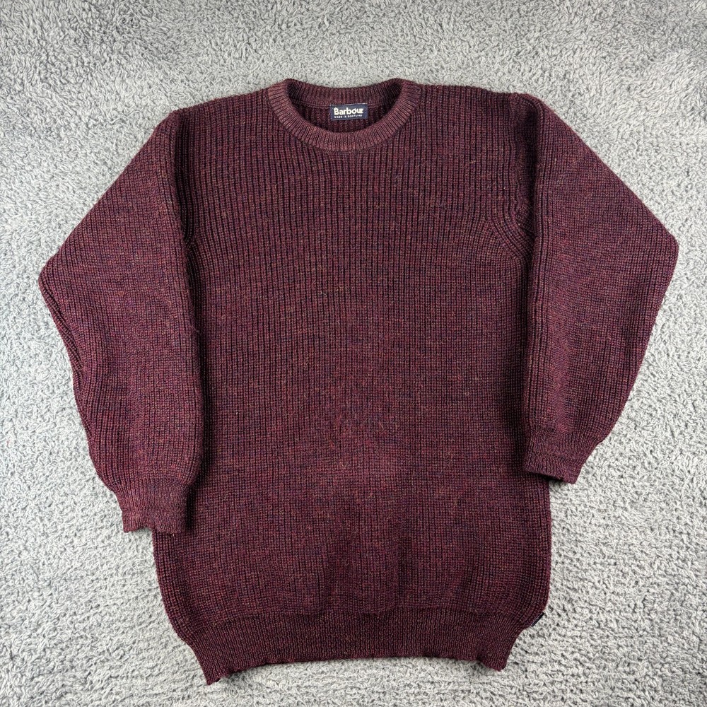 Barbour Jumper Men Large Burgundy Purple Chunky Thick Knit Fisherman 100% Wool