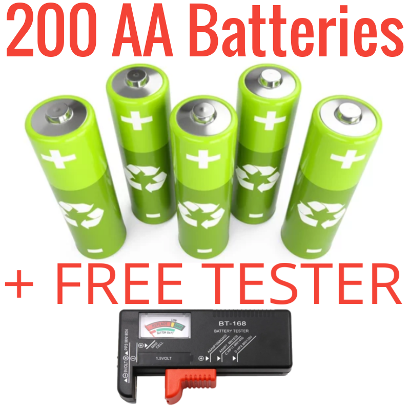 200 AA Alkaline Batteries + Free Tester + FAST USA SHIPPING + UPCYCLE