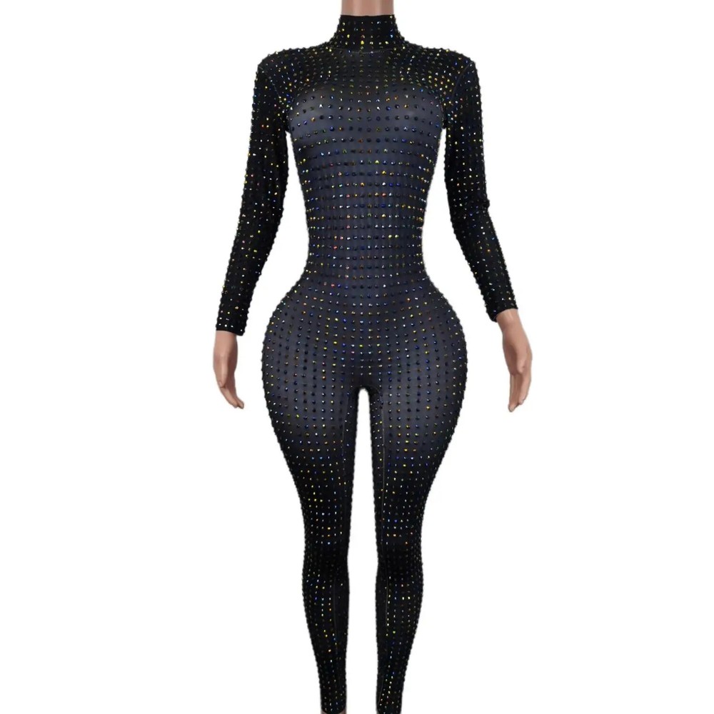 Women Full Rhinestone Stretch Jumpsuits Dancer Stage Wear Costume Bodysuit