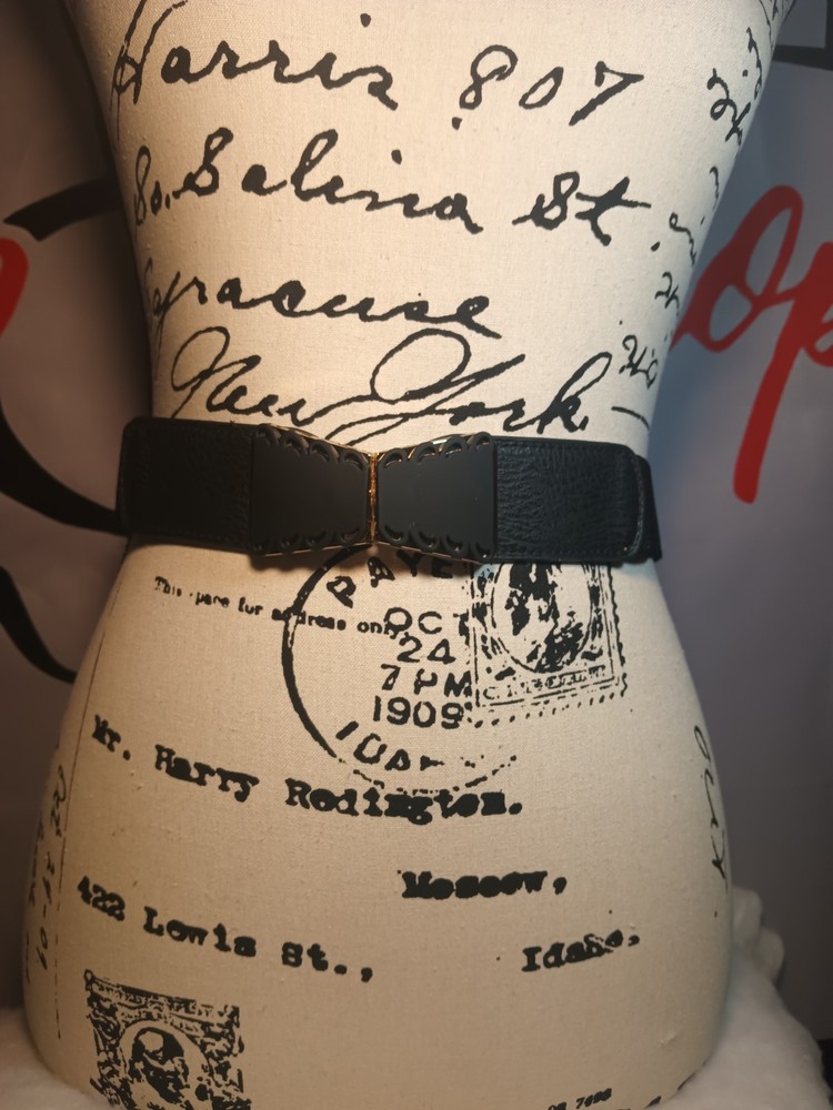 Black Faux Leather And Electric Waistband Gold Tone Embellishment