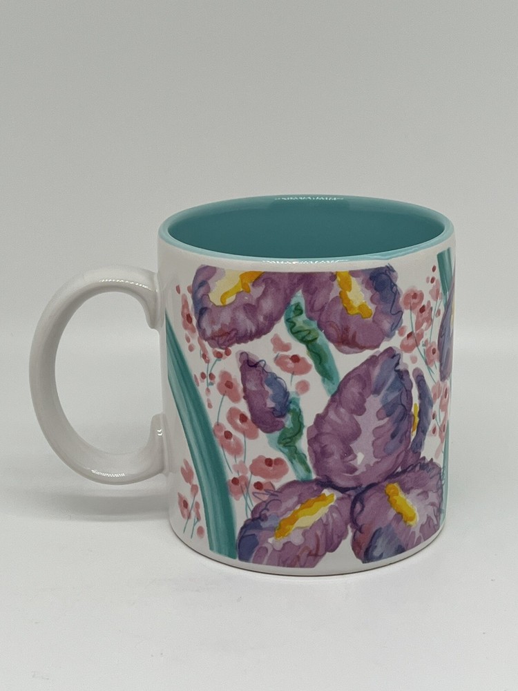 Vintage 1980s-90s Purple Teal Floral Flowers Russ Berrie Coffee Cup Mug