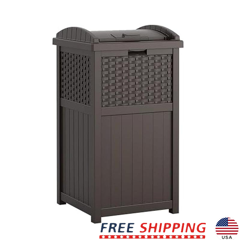 33 Gallon Outdoor Trash Can Hideaway Lid Durable Resin Garden Backyard Use