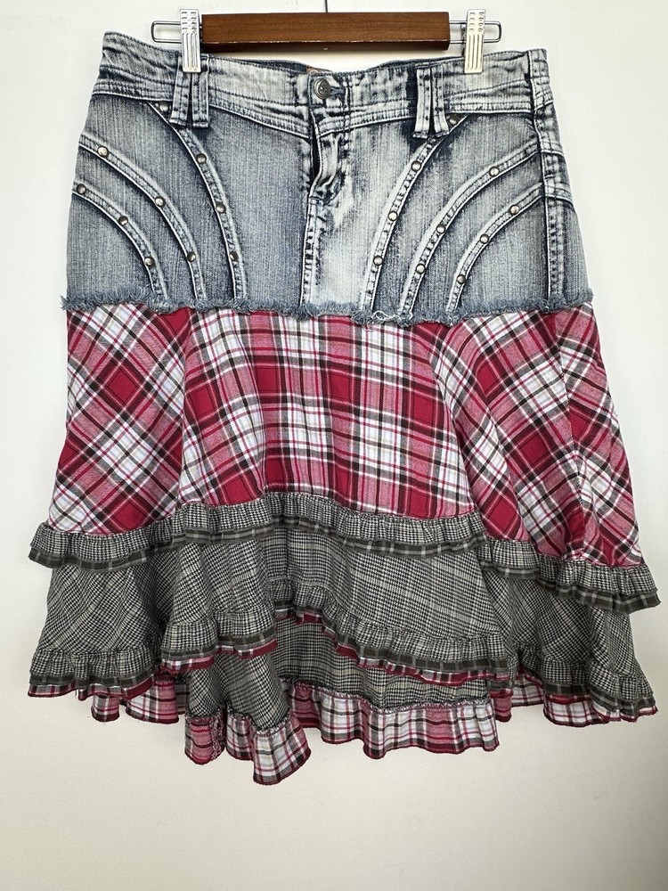 Y2K Vintage Denim Plaid Flannel Ruffle Tiered Skirt with Studs Size 13