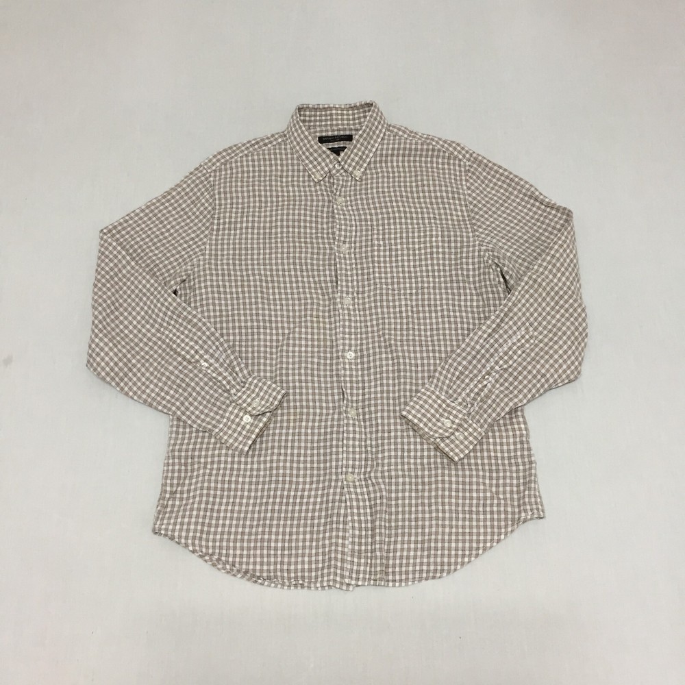 Banana Republic 100% Linen Shirt Mens Large Button Up Long Sleeve Check Beige