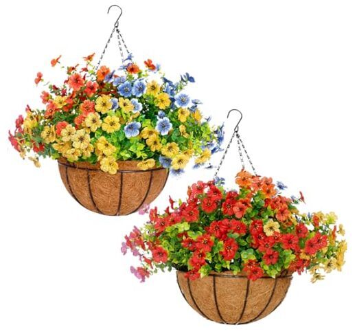 2 Pack 12 inch Winter Hanging Plant Basket with Artificial 12 Inch Multicolor