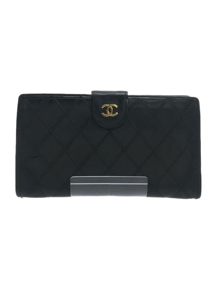 CHANEL Bifold Long Wallet Piccolore Quilted Kiss Lock Coin Purse Black Pre-Loved