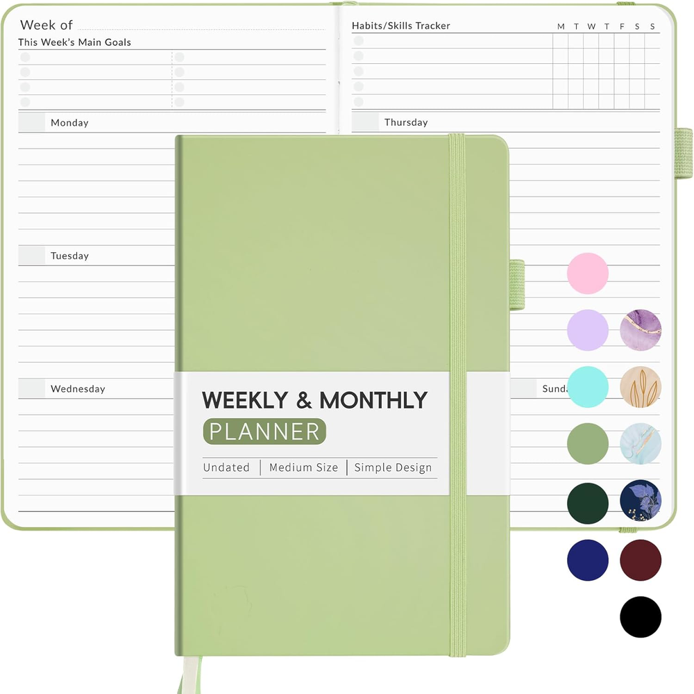 Undated A5 Weekly Planner 2025 Olive Green - Simple Goal Tracker & Organizer