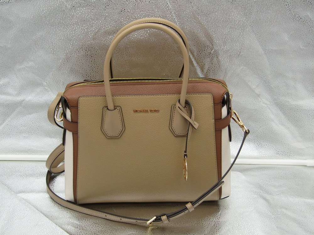Michael Kors Mercer Medium Colorblock Belted Satchel Bag Camel Multi
