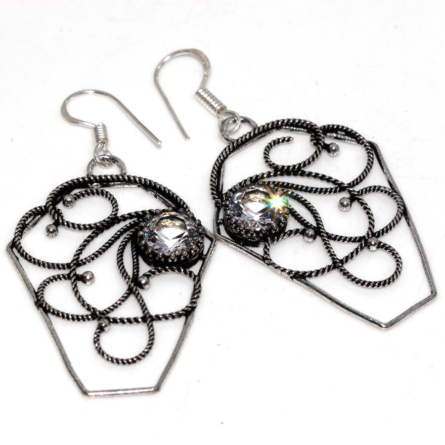 Crystal Topaz 925 Silver Plated Gemstone Handmade Drop Earrings 2.5 Inches JW