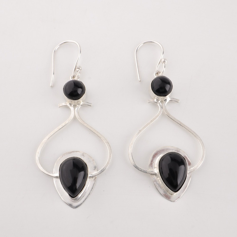 Pear Black Tourmaline Stone Dangling Mothers Gift Earrings Jewelry 925 Silver