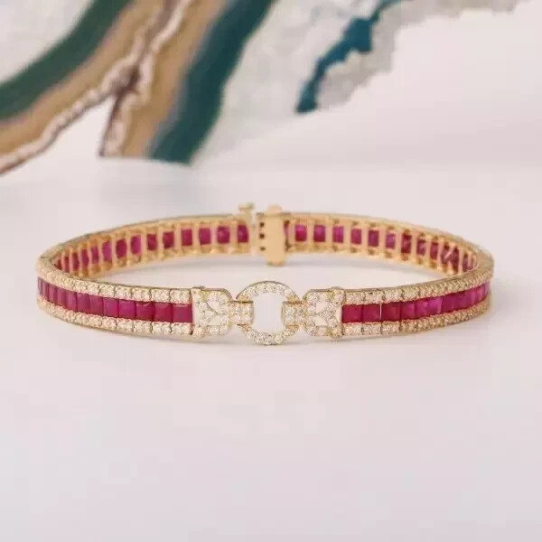 12 Ct Princess Cut Simulated Ruby Womens Tennis Bracelet 14K Yellow Gold Plated