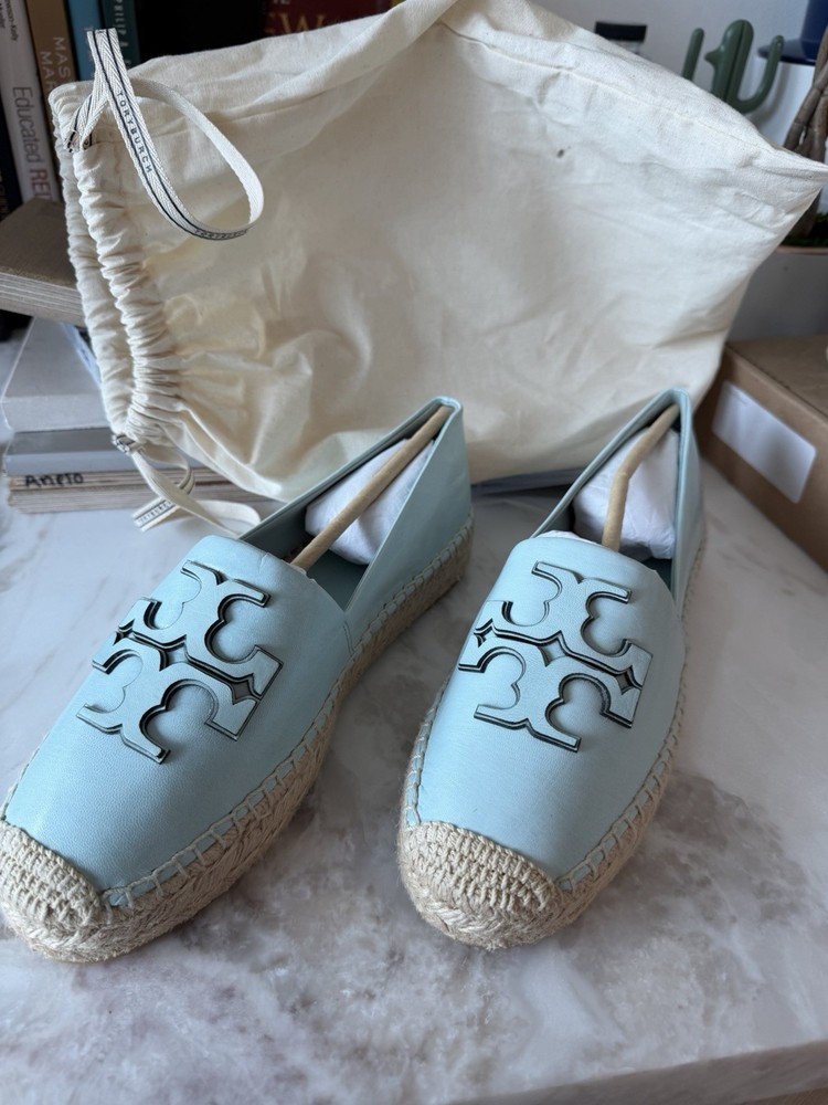 NEW Tory Burch Ines Leather Espadrilles Double T Logo Light Blue Size 9
