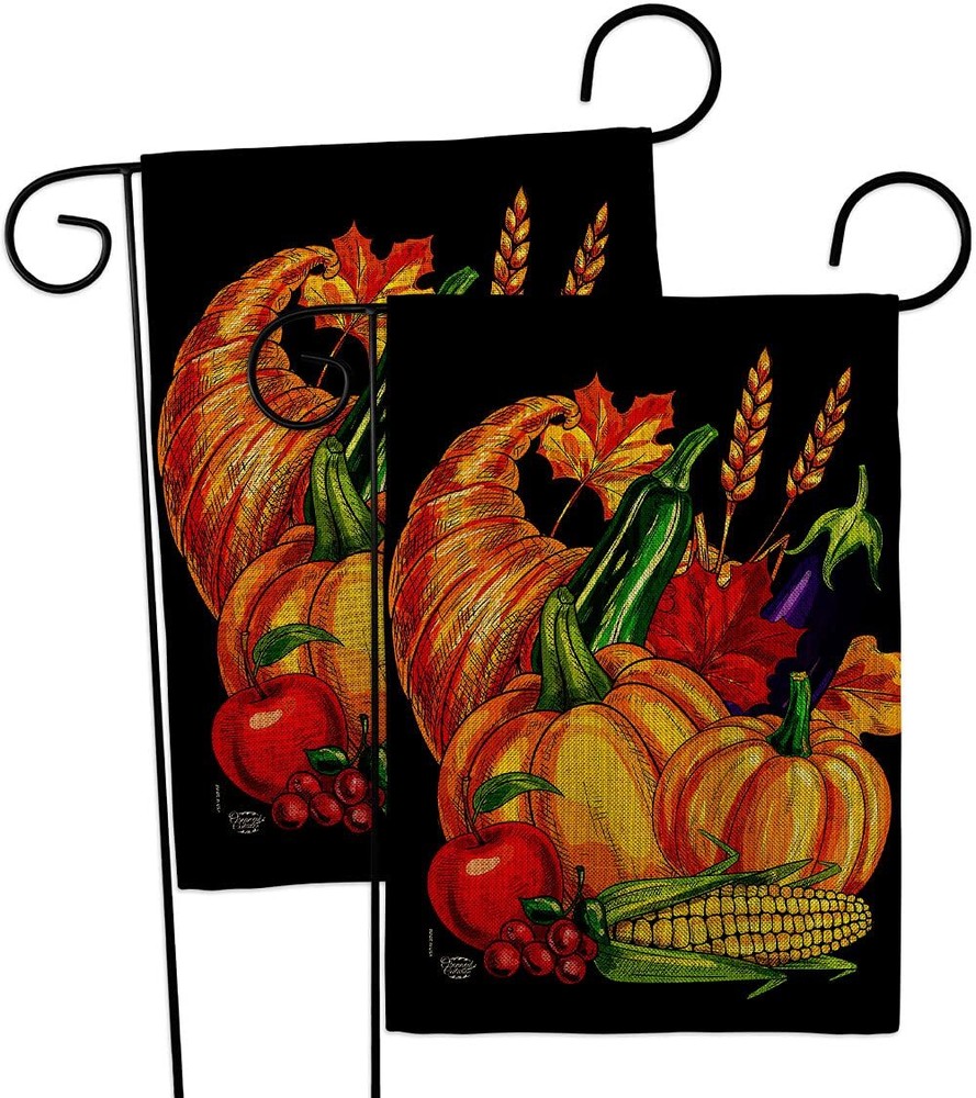 Grateful Cornucopia Burlap Garden Flag - 2pcs Pack Fall Thanksgiving Turkey G...