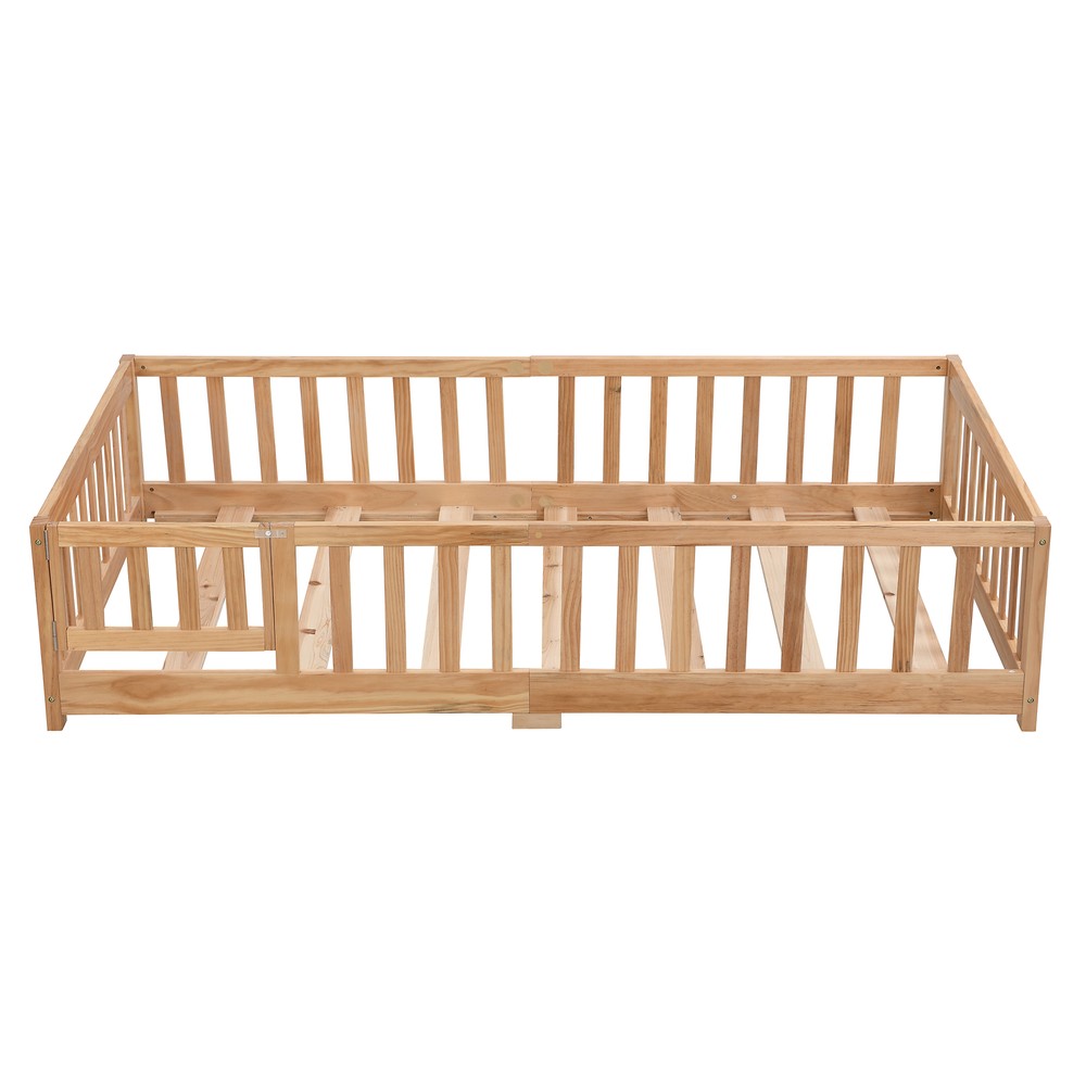 Queen Size Floor Bed with Door, Solid Wood Platform Bed Frame with Fence , Suita