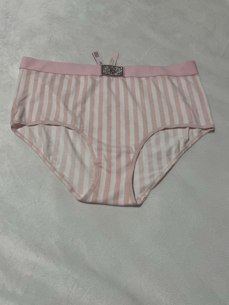 Victoria's Secret Pink White Stripe High Waist Brief Panty Rhinestone Logo XL