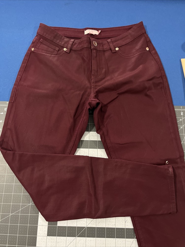 Ted Baker London Waxed Cotton Skinny Jeans Size 28 Ankle Zip Burgundy Stretch