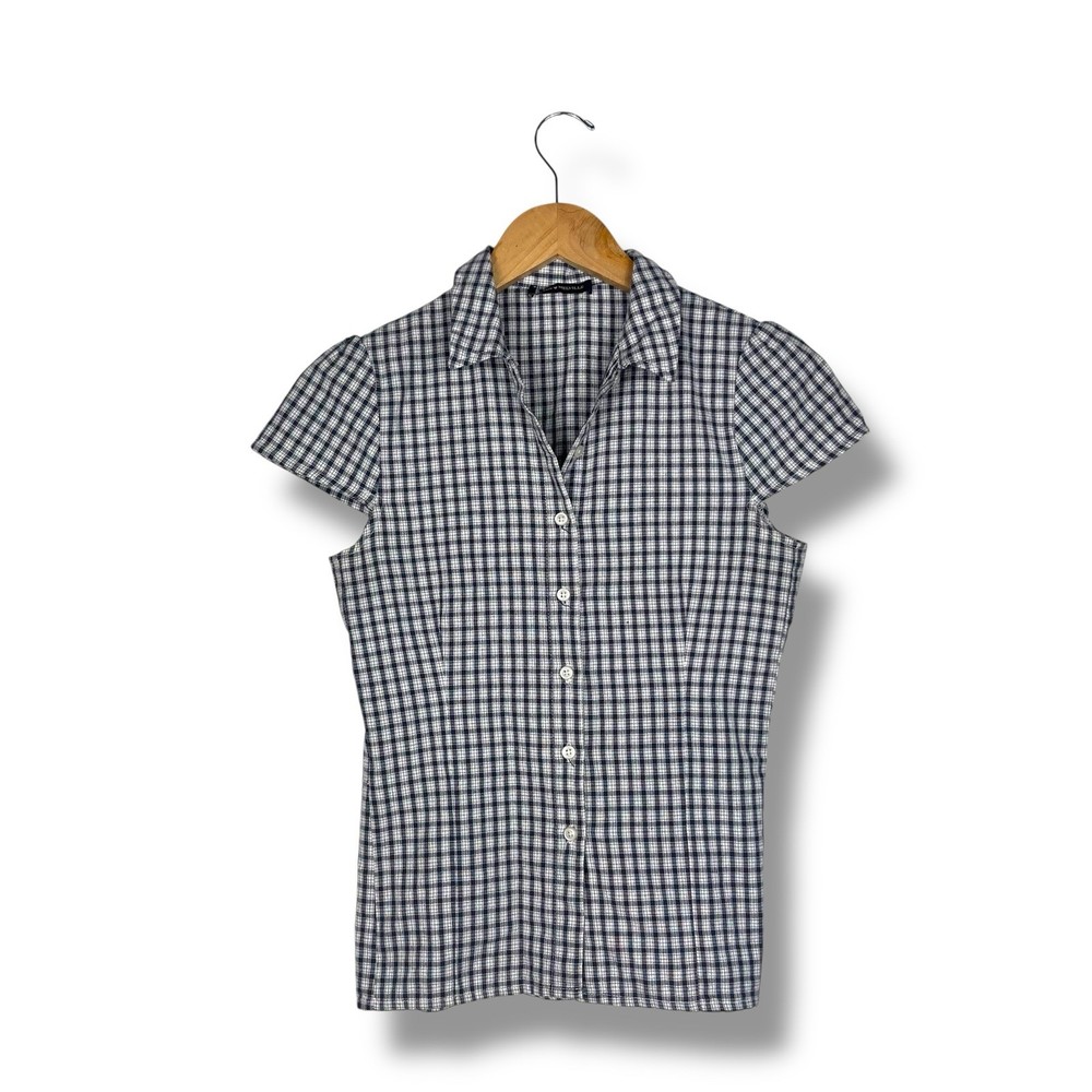 Brandy Melville Rue Top Blue Plaid Gingham Button Down Collar Cotton One Size