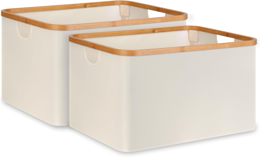 Storage Baskets for Organizing, Fabric Storage Baskets with Bamboo Handles, Coll