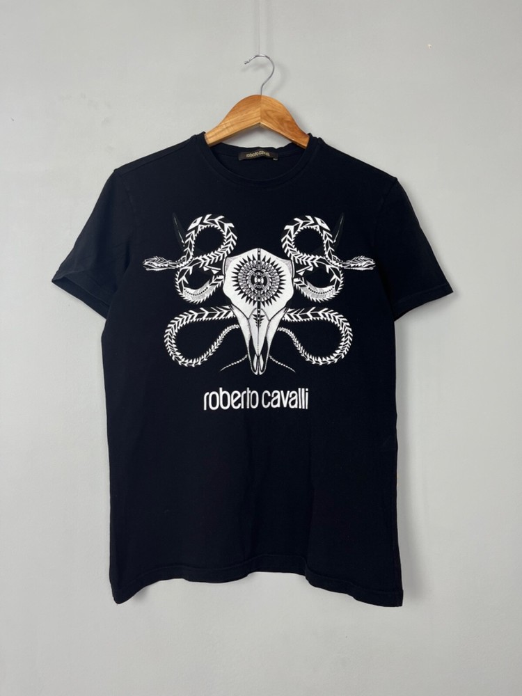 Roberto Cavalli Black Big Logo Cotton Tee Shirt for Men Size M Luxury