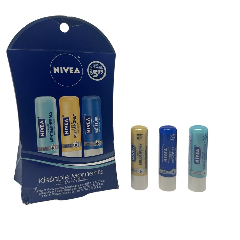 NIVEA Lip Care Lot of 3 Kiss of Moisture Mint Minerals Milk Honey HTF New