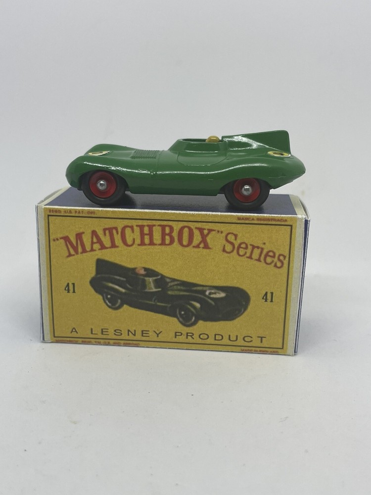 Vintage Lesney Matchbox 41 Custom Jaguar D Type With Red Hubs Nice Repro Box.