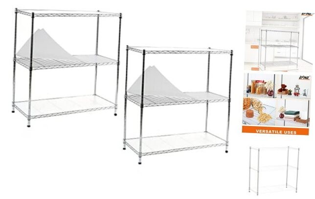 2-Pack Chrome 3-Tier Shelving Units - 3-Shelf Storage Racks