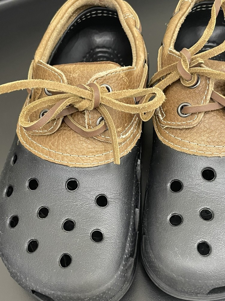 Crocs Islander Pitcrew Brown Leather Lace Clogs Boat Shoes Mens 5 Women’s 7