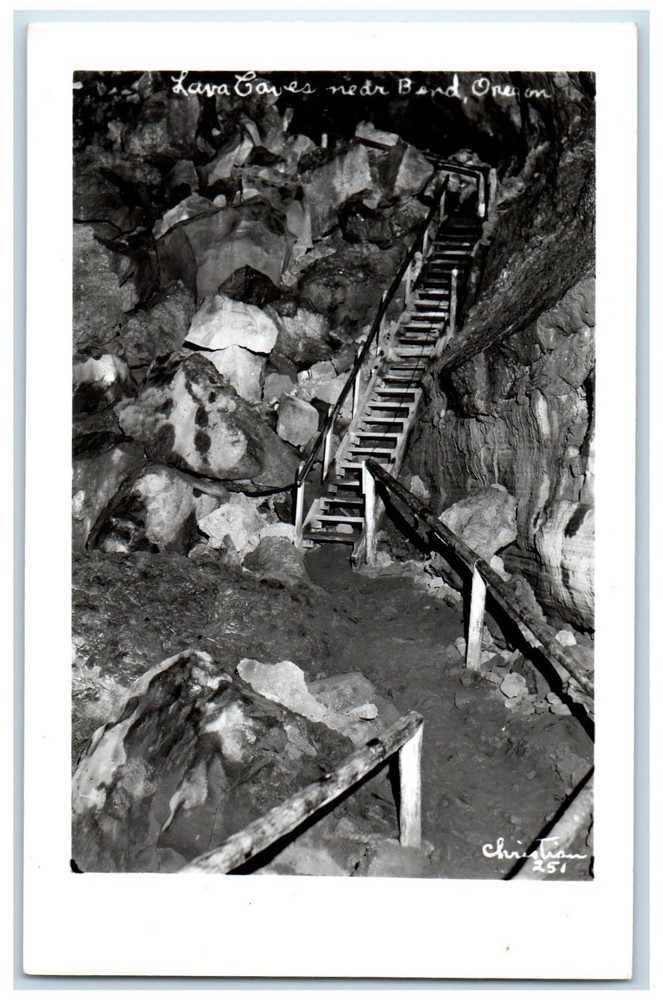 c1950's Lava Caves Stairs Near Bend Oregon OR Vintage RPPC Photo Postcard