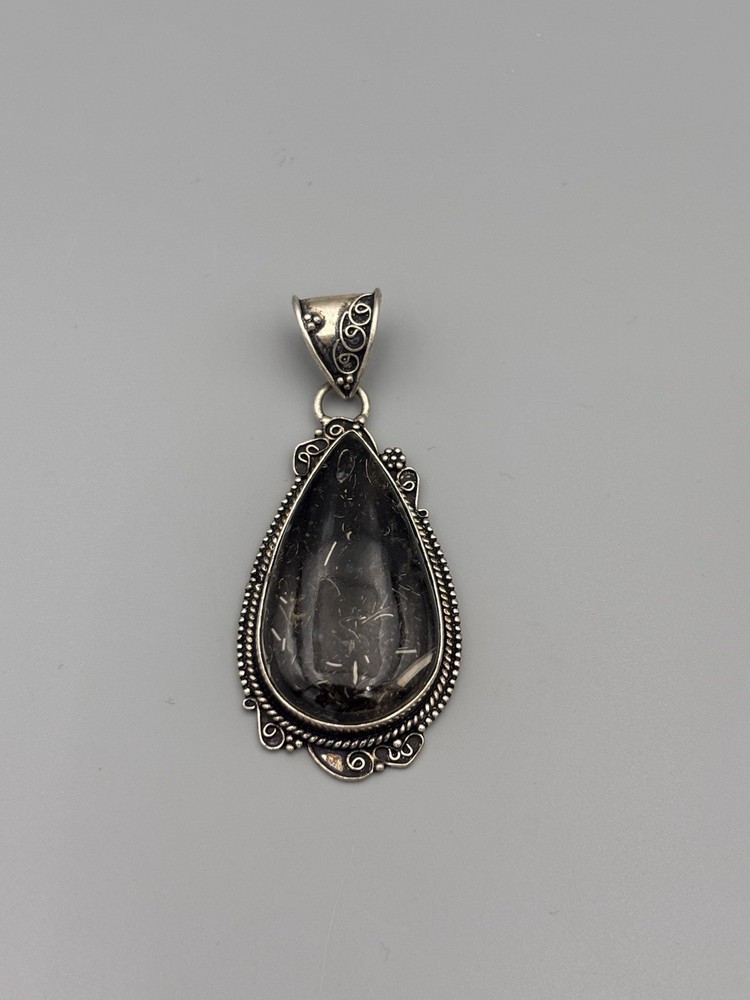 Sterling Silver 925 Teardrop Pendant with Black Stone Bezel Setting