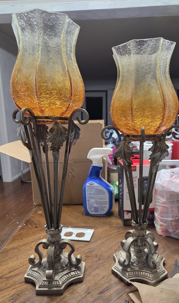 Antique Crackle Cut Glass Octagon Vase with Amber Fade to Clear Pontail Set