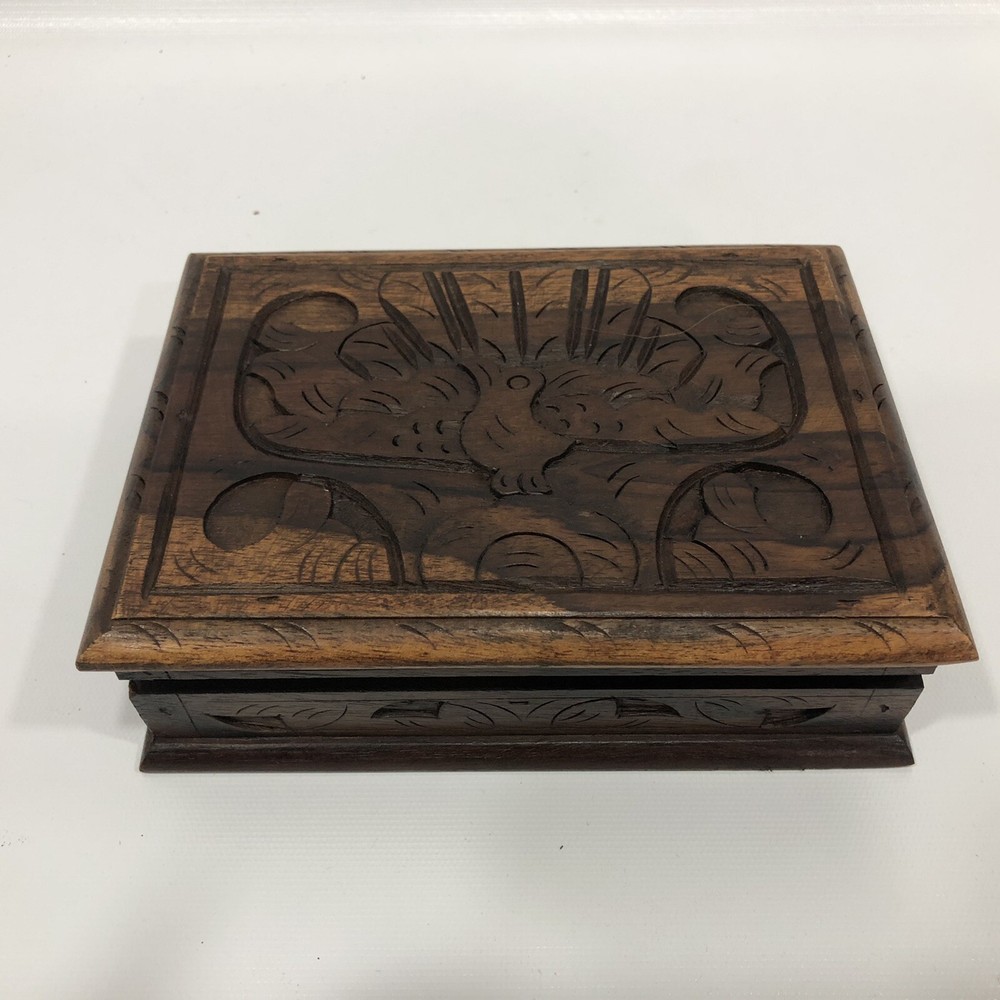 Exquisite Hand-Carved Wooden Bird Jewelry Box with Hinged Lid